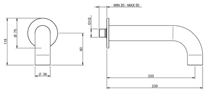 Rubinetterie Treemme 3M WaterTube IT 4A61 IS ZZ HF Bocca a Muro Per Vasca 220 mm Getto Erogazione Uscita Acqua Installazione Parete Stile Moderno Forma Tubo Tondo Monoforo Acciaio Inox Spazzolato Opaco Lunghezza 239 mm Portata Acqua 30 Litri Al Minuto