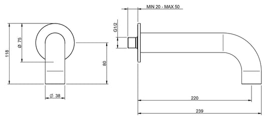 Rubinetterie Treemme 3M WaterTube IT 4A61 IS ZZ HF Bocca a Muro Per Vasca 220 mm Getto Erogazione Uscita Acqua Installazione Parete Stile Moderno Forma Tubo Tondo Monoforo Acciaio Inox Spazzolato Opaco Lunghezza 239 mm Portata Acqua 30 Litri Al Minuto