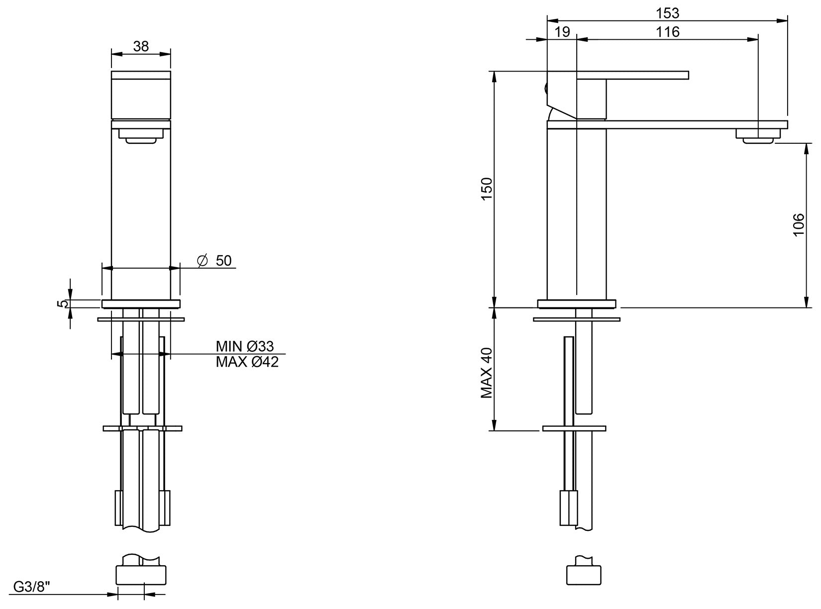 Rubinetterie Treemme 3M 3.6 IT 9A11 IS TS ZZ Miscelatore Monocomando Lavabo 106 Appoggio 1 Leva Monoforo Miscelazione Meccanica Stile Moderno Altezza 150 mm Lunghezza 153 mm Materiale Acciaio Finitura Inox Spazzolato Opaco