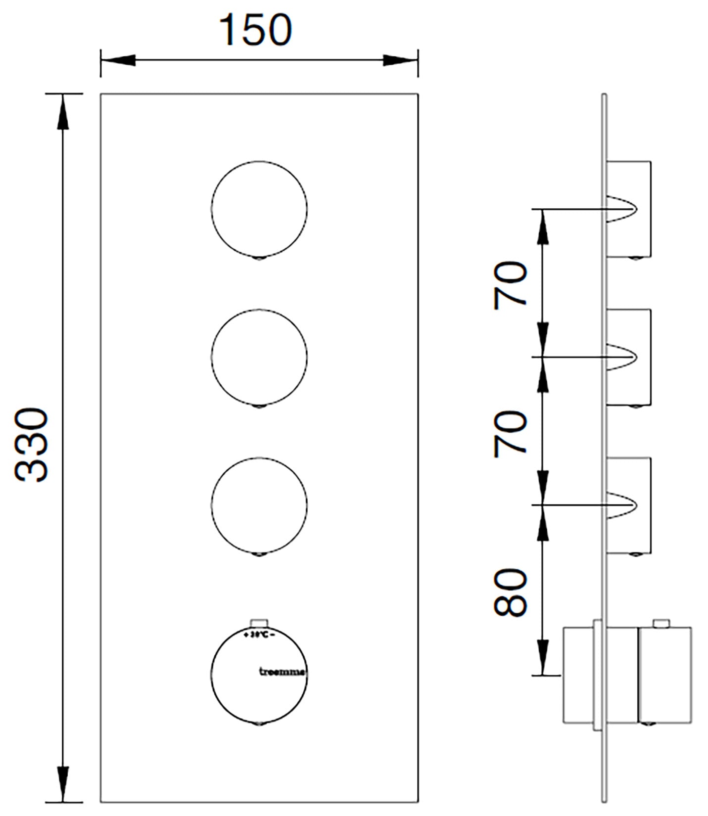 Rubinetterie Treemme 3M 3.6 RWIT 2594 IS 03 + RWIT 7294 ZZ 30 Miscelatore Termostatico Doccia Incasso Parete 3 Uscite 4 Fori Con Piastra Doppio Orientamento Stile Moderno Acciaio Inox Spazzolato Opaco Parte Interna Esterna Incluse