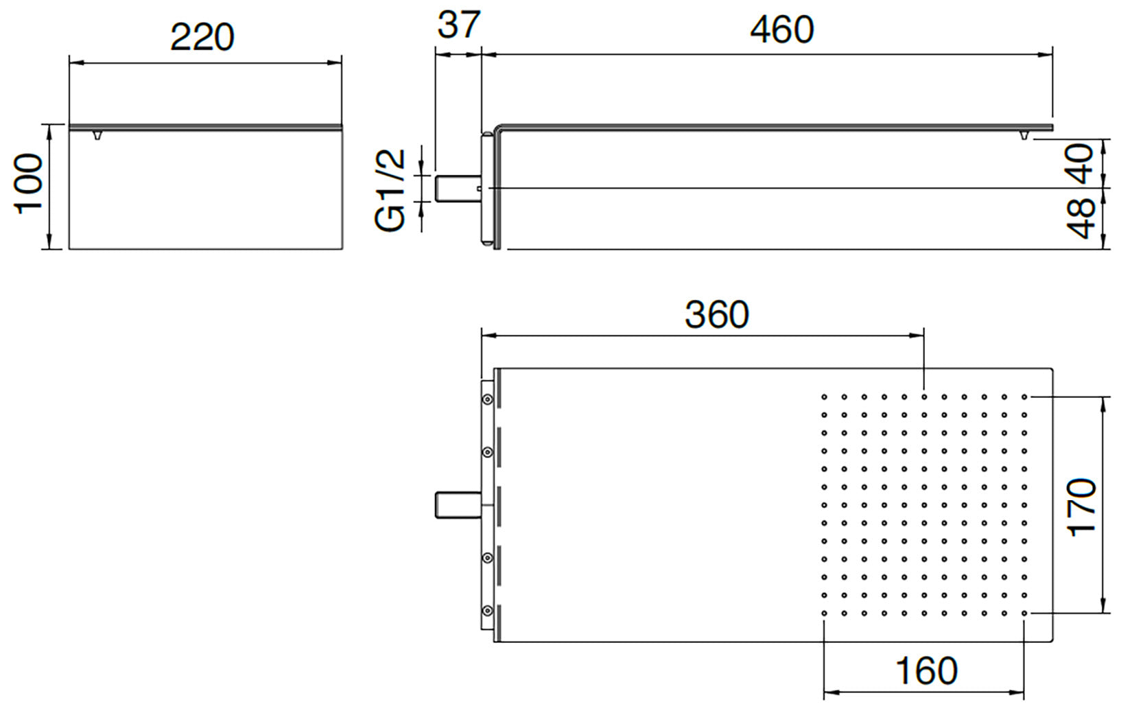 Rubinetterie Treemme 3M 3.6 RWIT 2847 IS 02 Soffione Doccia A Parete Forma L Mensola Rettangolare Con Funzione Pioggia 220 Misura 460x220 mm Stile Moderno Acciaio Finitura Inox Spazzolato Opaco