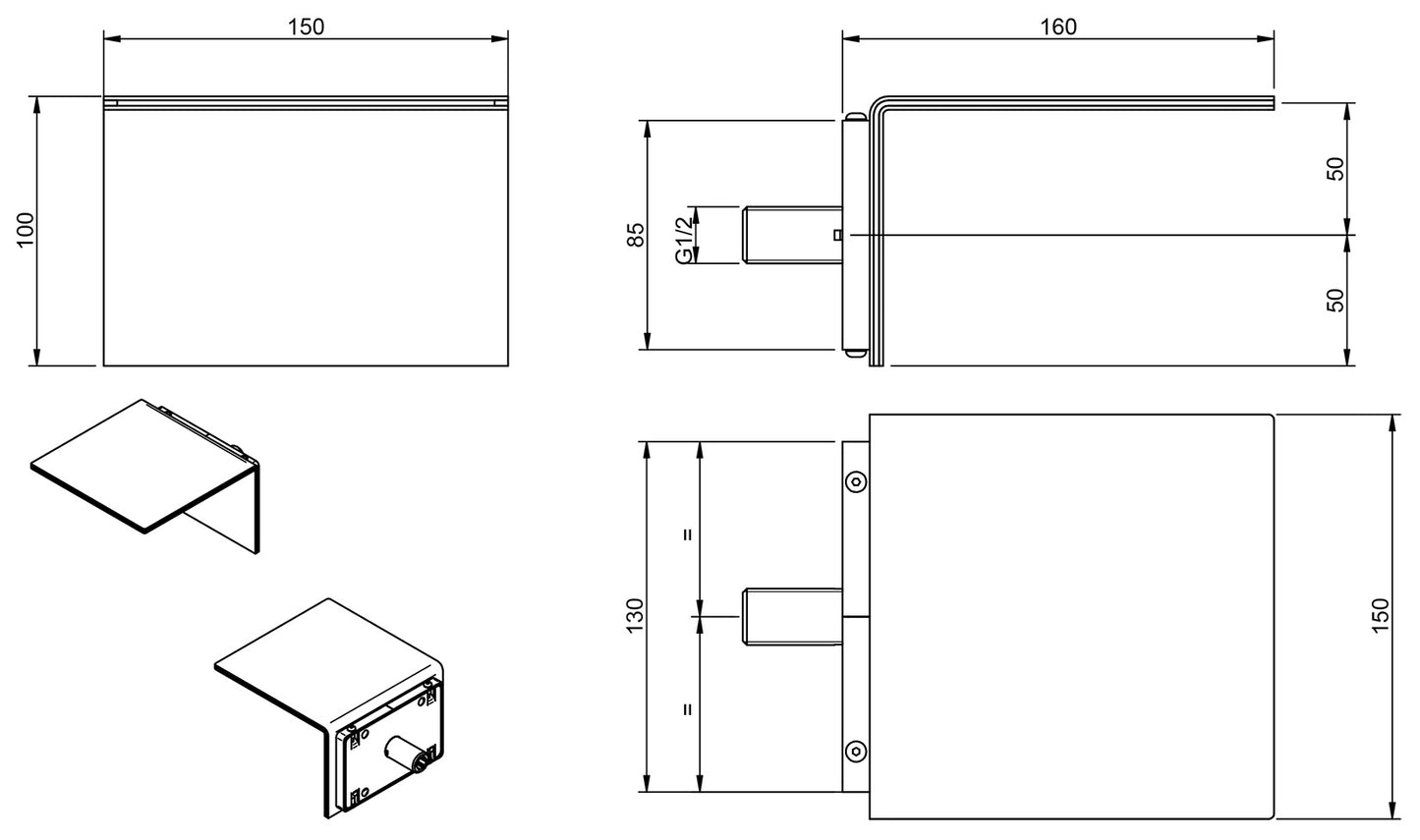 Rubinetterie Treemme 3M 3.6 RWIT 2847 IS 21 Bocca Getto Di Erogazione con Cascata 150 mm Installazione Parete Stile Moderno Misura 150x160x100 mm Materiale Acciaio Finitura Inox Spazzolato Opaco Portata Acqua 14 Litri Al Minuto