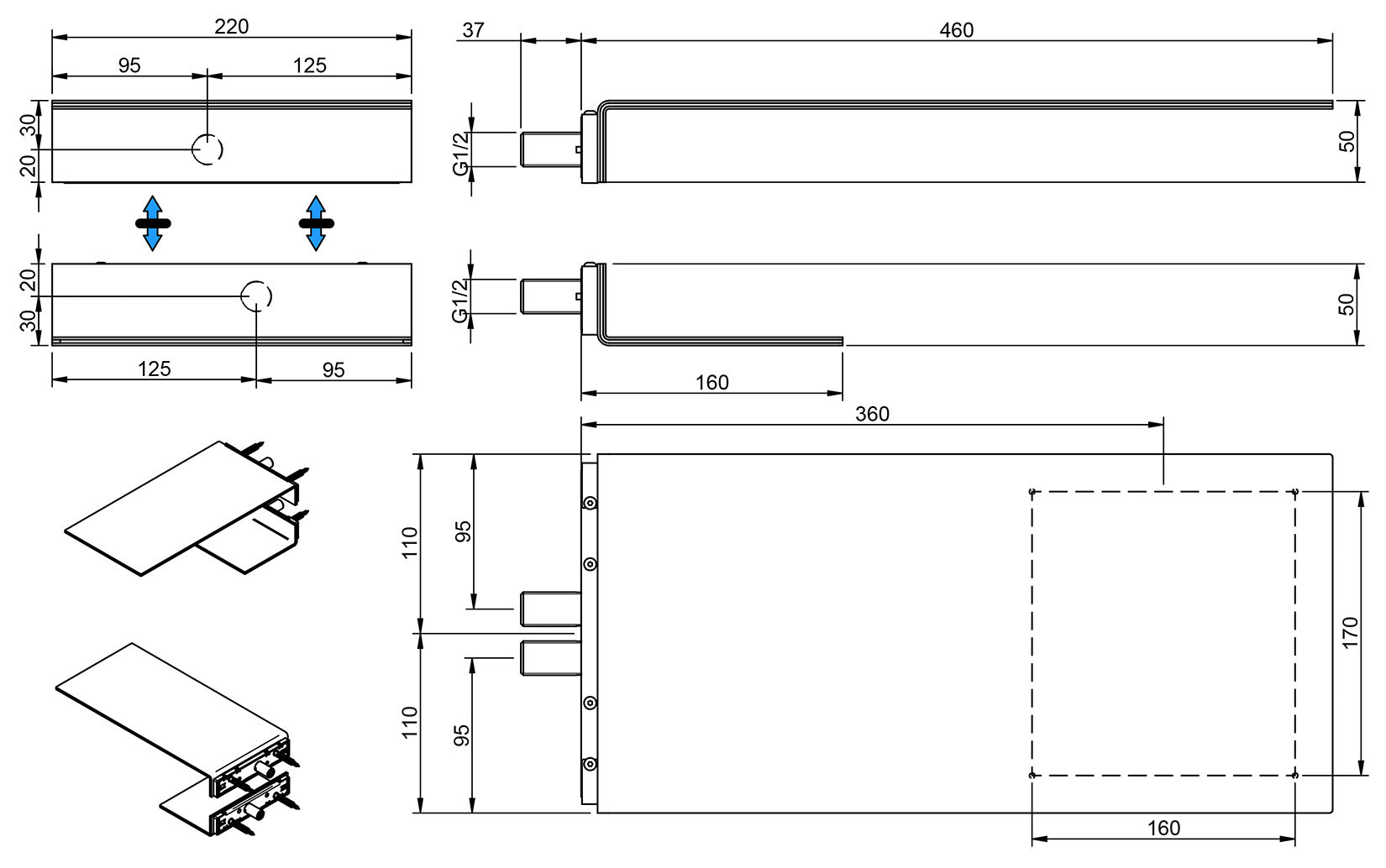Rubinetterie Treemme 3M 3.6 RWIT 2847 IS 52 Soffione Doccia A Parete Forma C Mensola Rettangolare Con Funzioni Pioggia e Cascata 220 Misura 460x220 mm Stile Moderno Acciaio Finitura Inox Spazzolato Opaco