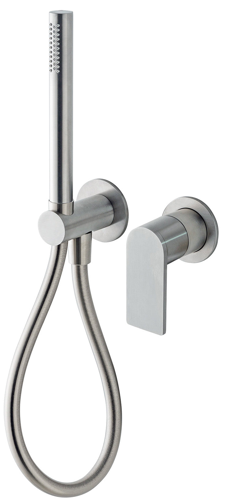 Rubinetterie Treemme 3M 3.6 RWIT 9AD4 IS 01 + RWIT 51A5 ZZ 01 Miscelatore Doccia Incasso Meccanico Parete Doccetta Tonda 2 Fori Monocomando 1 Leva 1 Via Moderno Staffa Cartongesso Acciaio Inox Spazzolato Opaco Flessibile PVC Parte Interna Esterna Incluse