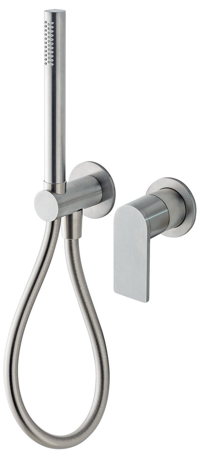 Rubinetterie Treemme 3M 3.6 RWIT 9AD4 IS 01 + RWIT 51A5 ZZ 01 Miscelatore Doccia Incasso Meccanico Parete Doccetta Tonda 2 Fori Monocomando 1 Leva 1 Via Moderno Staffa Cartongesso Acciaio Inox Spazzolato Opaco Flessibile PVC Parte Interna Esterna Incluse