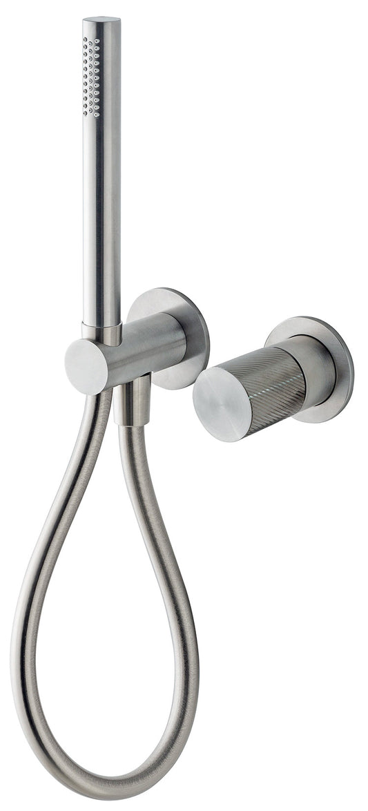 Rubinetterie Treemme 3M 3.6 RWIT 9AD4 IS 02 + RWIT 51A5 ZZ 01 Miscelatore Doccia Incasso Meccanico Parete Doccetta Tonda 2 Fori Monocomando 1 Manopola 1 Via Moderno Staffa Cartongesso Acciaio Inox Spazzolato Opaco Flex PVC Parte Interna Esterna Incluse