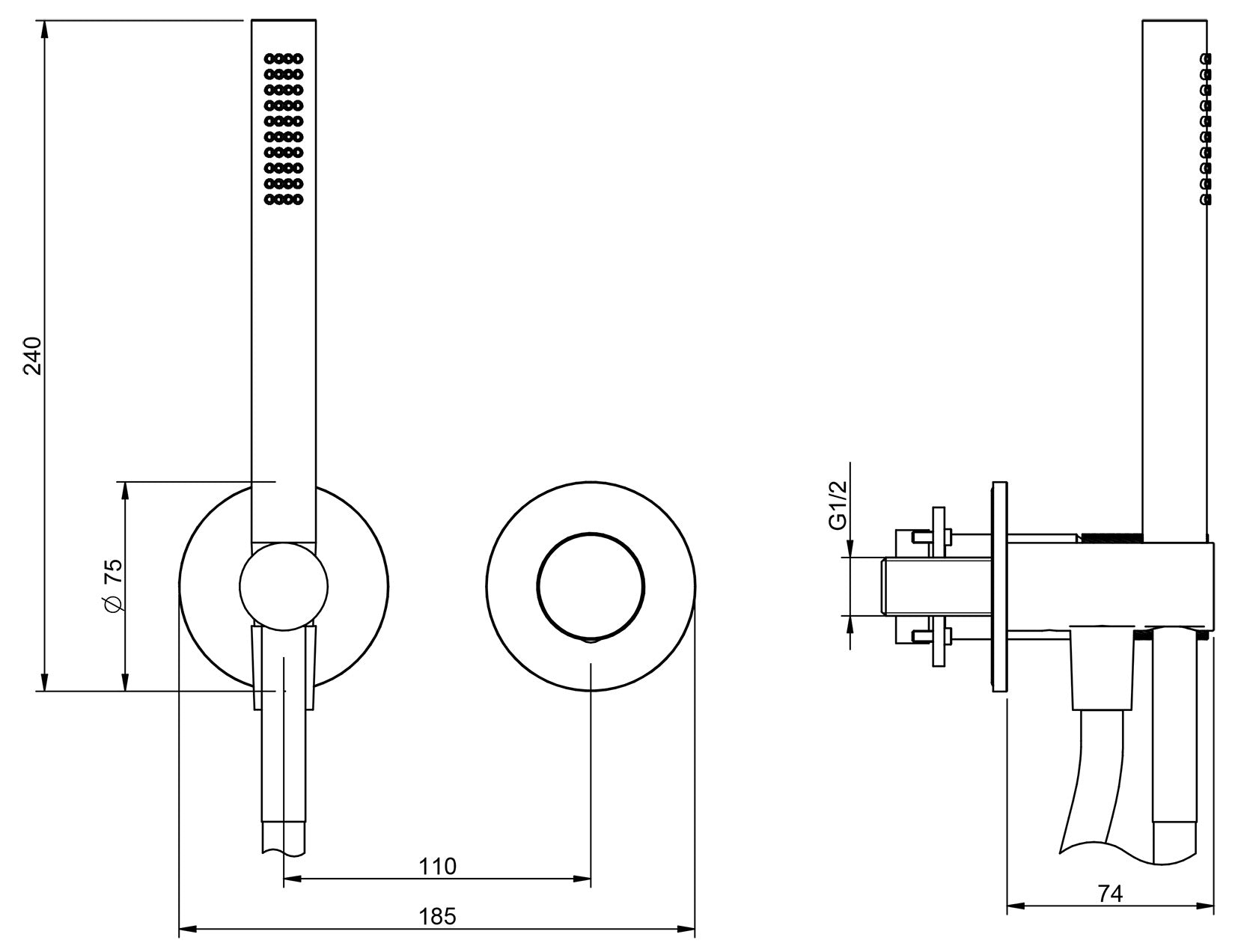 Rubinetterie Treemme 3M 3.6 RWIT 9AD4 IS 02 + RWIT 51A5 ZZ 01 Miscelatore Doccia Incasso Meccanico Parete Doccetta Tonda 2 Fori Monocomando 1 Manopola 1 Via Moderno Staffa Cartongesso Acciaio Inox Spazzolato Opaco Flex PVC Parte Interna Esterna Incluse