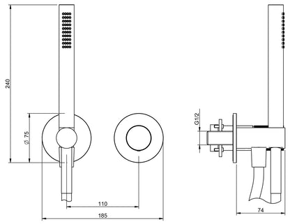 Rubinetterie Treemme 3M 3.6 RWIT 9AD4 IS 02 + RWIT 51A5 ZZ 01 Miscelatore Doccia Incasso Meccanico Parete Doccetta Tonda 2 Fori Monocomando 1 Manopola 1 Via Moderno Staffa Cartongesso Acciaio Inox Spazzolato Opaco Flex PVC Parte Interna Esterna Incluse