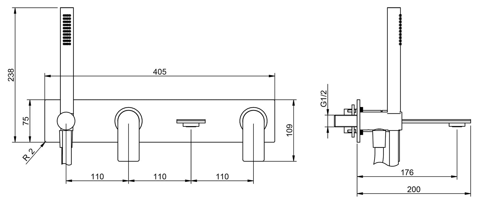 Rubinetterie Treemme 3M 3.6 RWIT 9AD7 IS 03 + RWIT 51D7 ZZ 12 Miscelatore Vasca / Doccia Incasso Parete Monocomando Meccanico 4 Fori Piastra Staffa Cartongesso Doccetta 2 Leve Stile Moderno Acciaio Inox Flessibile PVC Parte Interna Esterna Inclusa