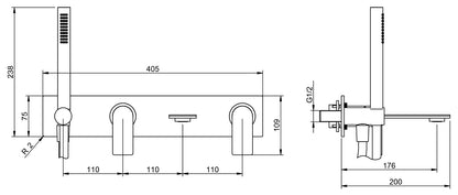 Rubinetterie Treemme 3M 3.6 RWIT 9AD7 IS 03 + RWIT 51D7 ZZ 12 Miscelatore Vasca / Doccia Incasso Parete Monocomando Meccanico 4 Fori Piastra Staffa Cartongesso Doccetta 2 Leve Stile Moderno Acciaio Inox Flessibile PVC Parte Interna Esterna Inclusa