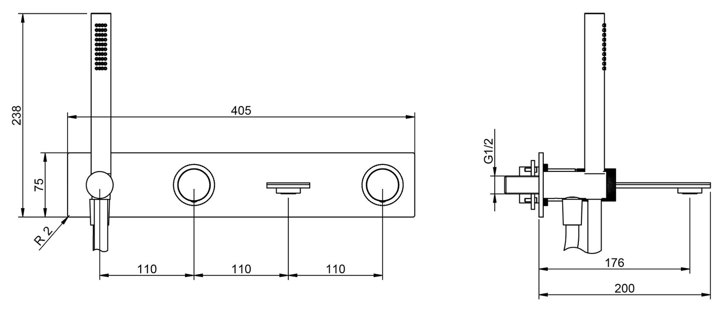 Rubinetterie Treemme 3M 3.6 RWIT 9AD7 IS 21 + RWIT 51D7 ZZ 12 Miscelatore Vasca / Doccia Incasso Parete Monocomando Meccanico 4 Fori Piastra Staffa Cartongesso Doccetta 2 Manopole Stile Moderno Acciaio Inox Flessibile PVC Parte Interna Esterna Inclusa