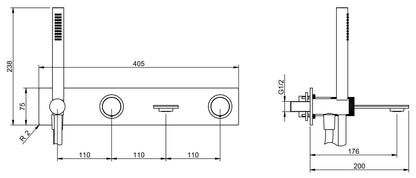 Rubinetterie Treemme 3M 3.6 RWIT 9AD7 IS 21 + RWIT 51D7 ZZ 12 Miscelatore Vasca / Doccia Incasso Parete Monocomando Meccanico 4 Fori Piastra Staffa Cartongesso Doccetta 2 Manopole Stile Moderno Acciaio Inox Flessibile PVC Parte Interna Esterna Inclusa