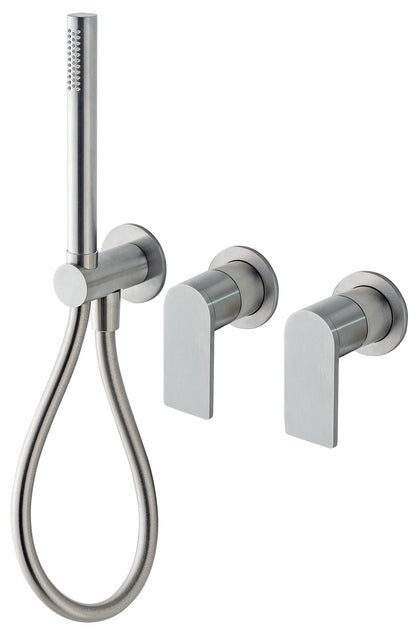 Rubinetterie Treemme 3M 3.6 RWIT 9AD9 IS 03 + RWIT 51D9 ZZ 01 Miscelatore Vasca / Doccia Incasso Parete Monocomando Meccanico 3 Fori Staffa Cartongesso Doccetta 2 Leve Moderno Acciaio Inox Spazzolato Opaco Flessibile PVC Parte Interna Esterna Inclusa