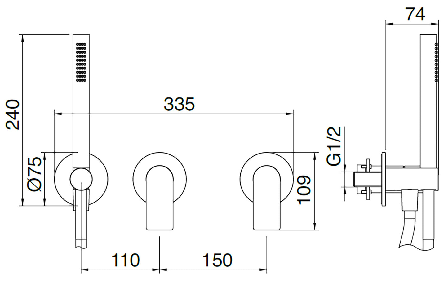 Rubinetterie Treemme 3M 3.6 RWIT 9AD9 IS 03 + RWIT 51D9 ZZ 01 Miscelatore Vasca / Doccia Incasso Parete Monocomando Meccanico 3 Fori Staffa Cartongesso Doccetta 2 Leve Moderno Acciaio Inox Spazzolato Opaco Flessibile PVC Parte Interna Esterna Inclusa