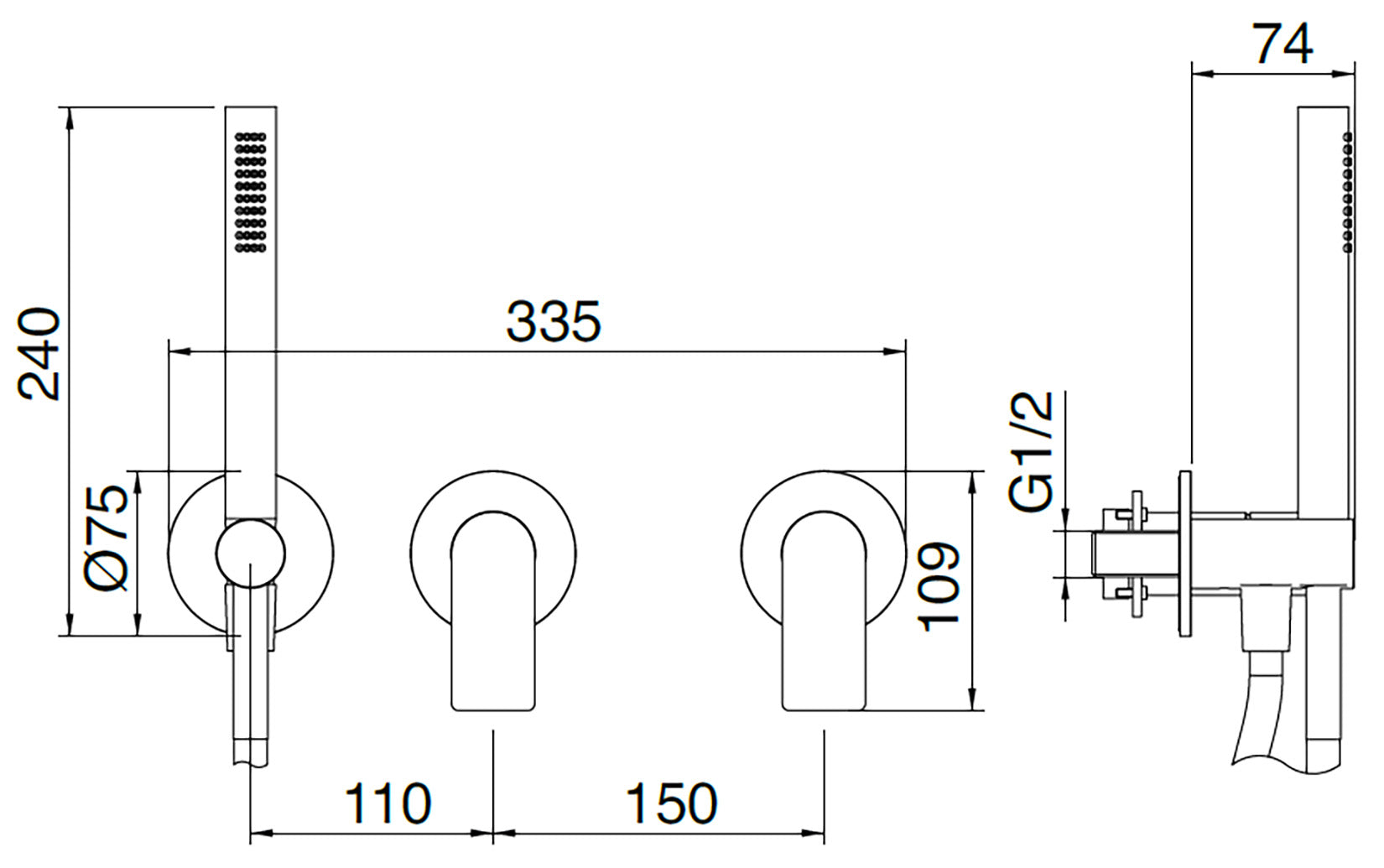 Rubinetterie Treemme 3M 3.6 RWIT 9AD9 IS 03 + RWIT 51D9 ZZ 01 Miscelatore Vasca / Doccia Incasso Parete Monocomando Meccanico 3 Fori Staffa Cartongesso Doccetta 2 Leve Moderno Acciaio Inox Spazzolato Opaco Flessibile PVC Parte Interna Esterna Inclusa
