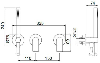Rubinetterie Treemme 3M 3.6 RWIT 9AD9 IS 03 + RWIT 51D9 ZZ 01 Miscelatore Vasca / Doccia Incasso Parete Monocomando Meccanico 3 Fori Staffa Cartongesso Doccetta 2 Leve Moderno Acciaio Inox Spazzolato Opaco Flessibile PVC Parte Interna Esterna Inclusa