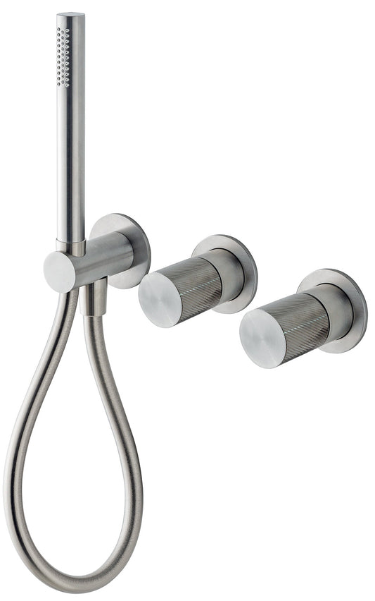 Rubinetterie Treemme 3M 3.6 RWIT 9AD9 IS 21 + RWIT 51D9 ZZ 01 Miscelatore Vasca / Doccia Incasso Parete Monocomando Meccanico 3 Fori Staffa Cartongesso Doccetta 2 Manopole Moderno Acciaio Inox Spazzolato Opaco Flessibile PVC Parte Interna Esterna Inclusa