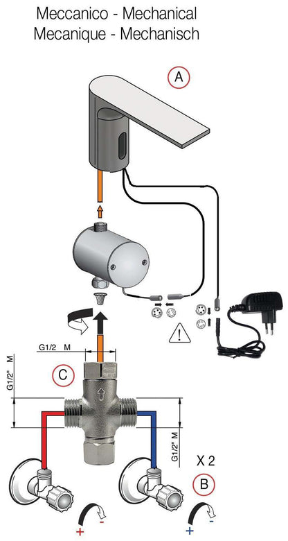 Rubinetterie Treemme 3M Electronic Washbasin Tap IT 1315 IS ZZ EL + IT RTRB 190 CC + IT 0401 IS ZZ ZZ Rubinetto Elettronico Fotocellula Lavabo 107 Elettrica Meccanico 1 Snodo T 2 Arresti Filtro Lunghezza 124 mm Altezza 188 mm Acciaio Inox Spazzolato Opaco