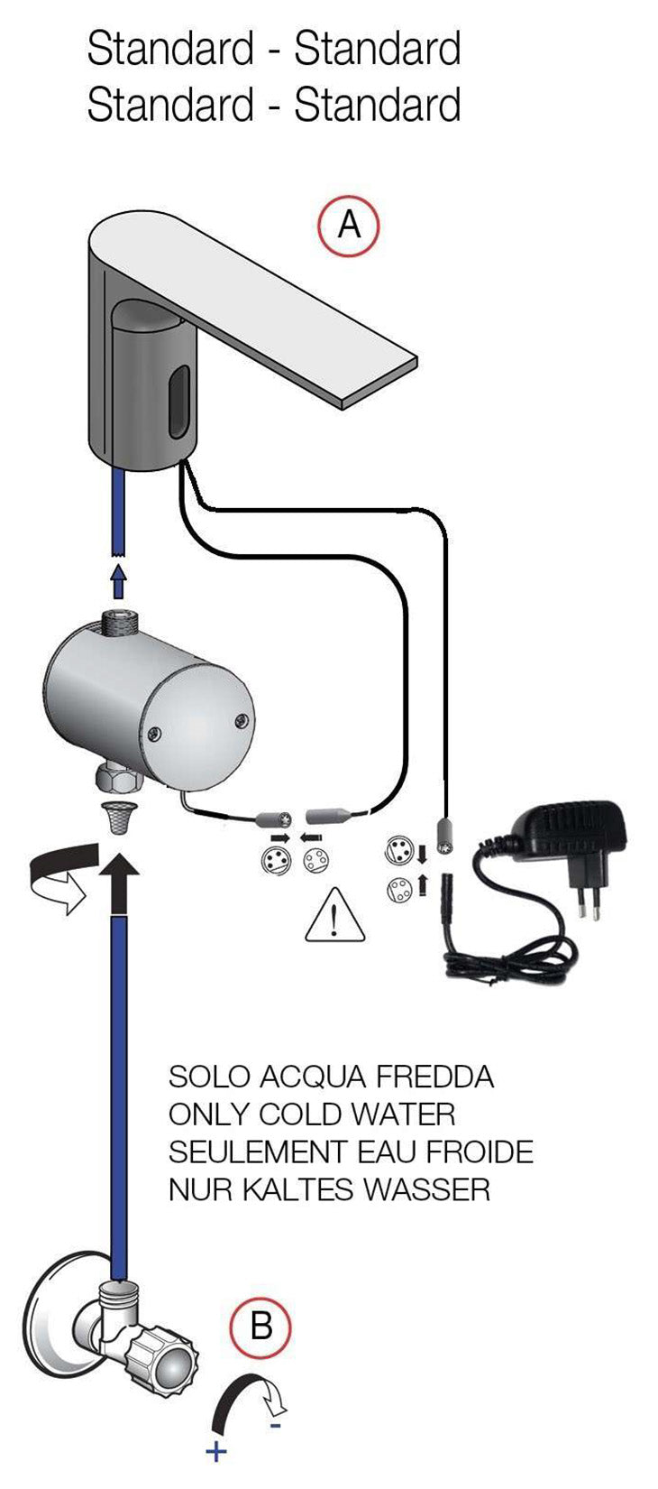 Rubinetterie Treemme 3M Electronic Washbasin Tap IT 1315 IS ZZ EL + IT 0401 IS ZZ ZZ Rubinetto Elettronico Fotocellula Lavabo 107 Appoggio Elettrico Standard Solo Acqua Fredda 1 Arresto Filtro Lunghezza 124 mm Altezza 188 mm Acciaio Inox Spazzolato Opaco