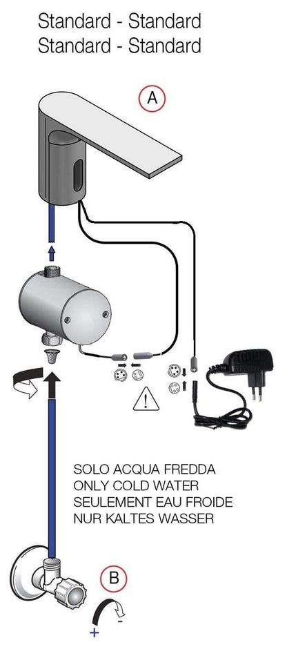 Rubinetterie Treemme 3M Electronic Washbasin Tap IT 1315 IS ZZ EL + IT 0401 IS ZZ ZZ Rubinetto Elettronico Fotocellula Lavabo 107 Appoggio Elettrico Standard Solo Acqua Fredda 1 Arresto Filtro Lunghezza 124 mm Altezza 188 mm Acciaio Inox Spazzolato Opaco
