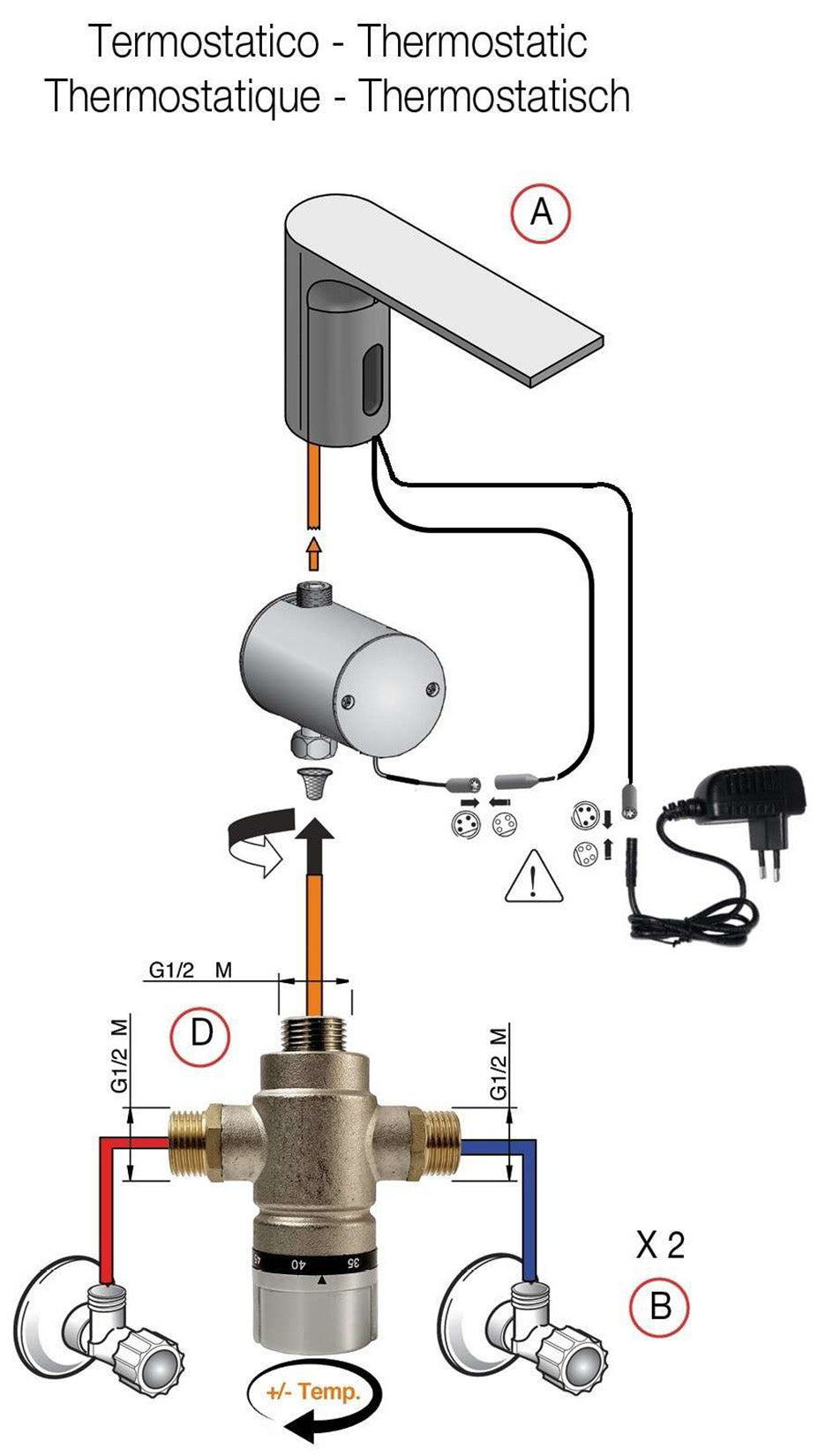 Rubinetterie Treemme 3M Electronic Washbasin Tap IT 1315 IS ZZ EL + IT RTMT 142 CC + IT 0401 IS ZZ ZZ Rubinetto Elettronico Fotocellula Lavabo 107 Appoggio Elettrico Termostatico 1 Snodo T 2 Arresto Filtro L 124 mm H 188 mm Acciaio Inox Spazzolato Opaco