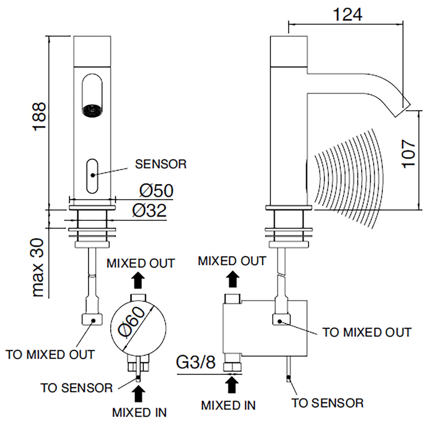 Rubinetterie Treemme 3M Electronic Washbasin Tap IT 1315 IS ZZ EL + IT RTRB 190 CC + IT 0401 IS ZZ ZZ Rubinetto Elettronico Fotocellula Lavabo 107 Elettrica Meccanico 1 Snodo T 2 Arresti Filtro Lunghezza 124 mm Altezza 188 mm Acciaio Inox Spazzolato Opaco