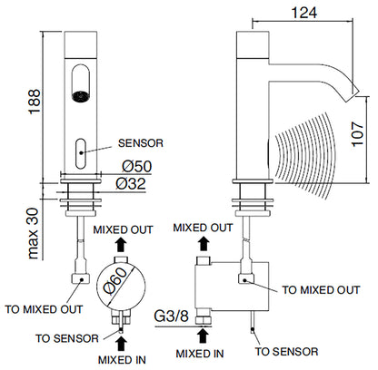 Rubinetterie Treemme 3M Electronic Washbasin Tap IT 1315 IS ZZ EL + IT RTRB 190 CC + IT 0401 IS ZZ ZZ Rubinetto Elettronico Fotocellula Lavabo 107 Elettrica Meccanico 1 Snodo T 2 Arresti Filtro Lunghezza 124 mm Altezza 188 mm Acciaio Inox Spazzolato Opaco