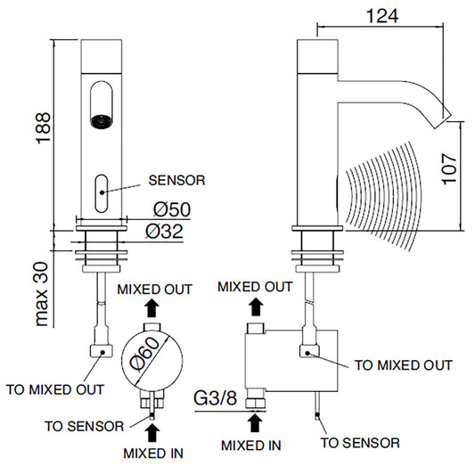 Rubinetterie Treemme 3M Electronic Washbasin Tap IT 1315 IS ZZ EL + IT RTMT 142 CC + IT 0401 IS ZZ ZZ Rubinetto Elettronico Fotocellula Lavabo 107 Appoggio Elettrico Termostatico 1 Snodo T 2 Arresto Filtro L 124 mm H 188 mm Acciaio Inox Spazzolato Opaco
