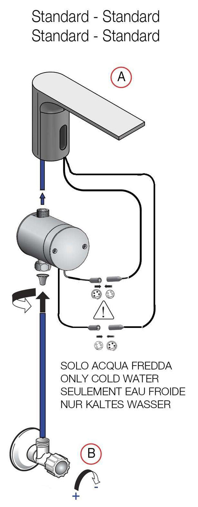 Rubinetterie Treemme 3M Electronic Washbasin Tap IT 1315 IS ZZ ZZ + IT 0401 IS ZZ ZZ Rubinetto Elettronico Fotocellula Lavabo 107 Appoggio Batteria Standard Solo Acqua Fredda 1 Arresto Filtro Lunghezza 124 mm Altezza 188 mm Acciaio Inox Spazzolato Opaco