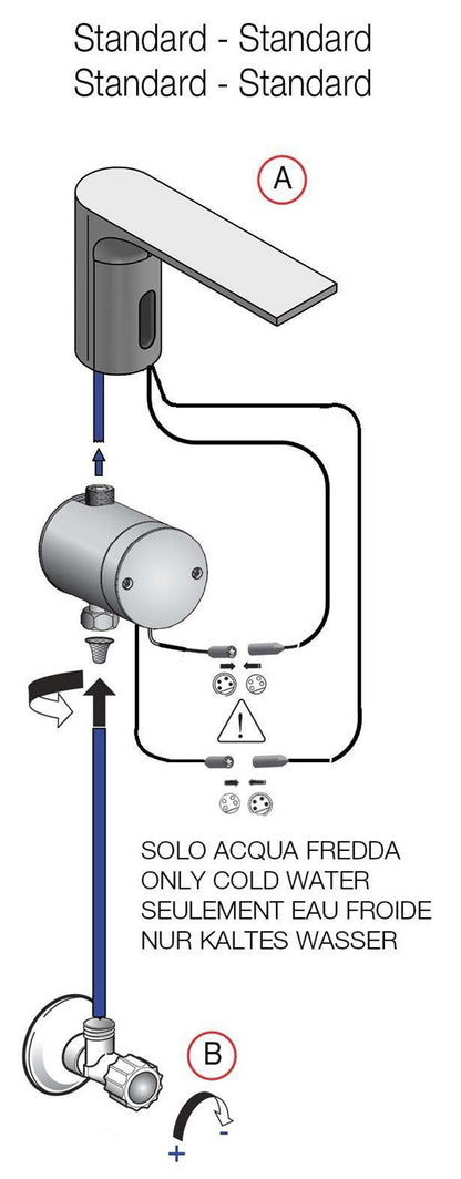 Rubinetterie Treemme 3M Electronic Washbasin Tap IT 1315 IS ZZ ZZ + IT 0401 IS ZZ ZZ Rubinetto Elettronico Fotocellula Lavabo 107 Appoggio Batteria Standard Solo Acqua Fredda 1 Arresto Filtro Lunghezza 124 mm Altezza 188 mm Acciaio Inox Spazzolato Opaco