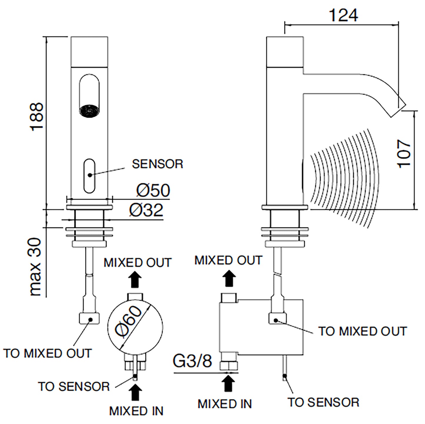 Rubinetterie Treemme 3M Electronic Washbasin Tap IT 1315 IS ZZ ZZ + IT 0401 IS ZZ ZZ Rubinetto Elettronico Fotocellula Lavabo 107 Appoggio Batteria Standard Solo Acqua Fredda 1 Arresto Filtro Lunghezza 124 mm Altezza 188 mm Acciaio Inox Spazzolato Opaco
