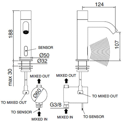 Rubinetterie Treemme 3M Electronic Washbasin Tap IT 1315 IS ZZ ZZ + IT RTRB 190 CC + IT 0401 IS ZZ ZZ Rubinetto Elettronico Fotocellula Lavabo 107 Batteria Meccanico 1 Snodo T 2 Arresto Filtro Lunghezza 124 mm Altezza 188 mm Acciaio Inox Spazzolato Opaco
