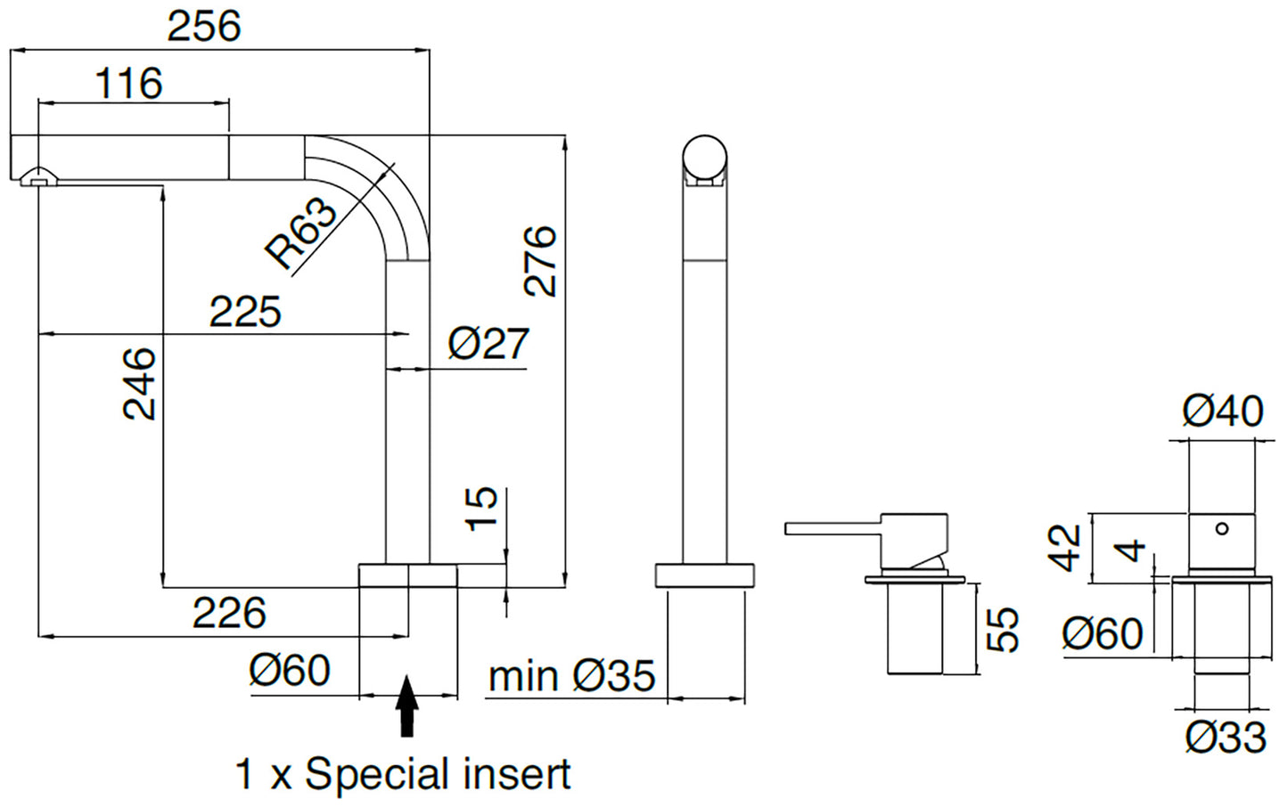 Rubinetterie Treemme 40mm IT 1329 IS 40 ZZ Miscelatore Monocomando Appoggio Lavello Cucina 2 Fori Con Doccetta Estraibile Bocca Girevole Stile Moderno Materiale Acciaio Finitura Acciaio Spazzolato Opaco Inox