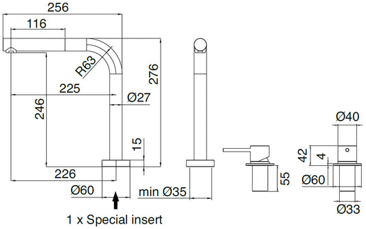 Rubinetterie Treemme 40mm IT 1329 IS 40 ZZ Miscelatore Monocomando Appoggio Lavello Cucina 2 Fori Con Doccetta Estraibile Bocca Girevole Stile Moderno Materiale Acciaio Finitura Acciaio Spazzolato Opaco Inox