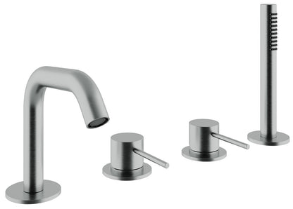 Rubinetterie Treemme 40MM Miscelatore Batteria Appoggio Bordo Vasca 4 Fori 2 Leve Con Doccetta In Acciaio Inox Estraibile Senza Piastra Stile Moderno Materiale Acciaio Finitura Acciaio Spazzolato Opaco Inox