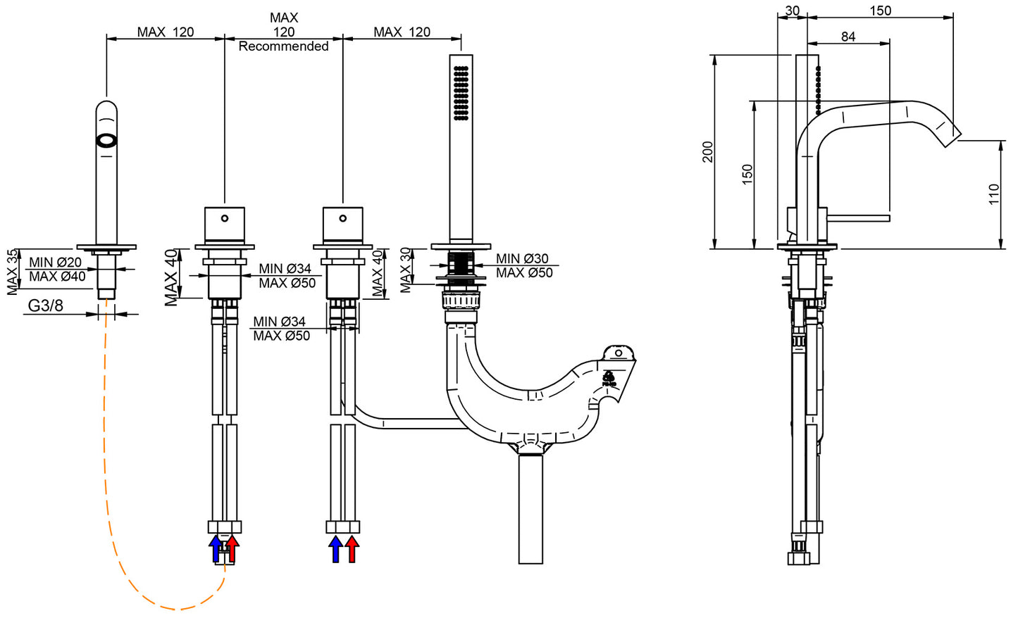 Rubinetterie Treemme 40MM Miscelatore Batteria Appoggio Bordo Vasca 4 Fori 2 Leve Con Doccetta In Acciaio Inox Estraibile Senza Piastra Stile Moderno Materiale Acciaio Finitura Acciaio Spazzolato Opaco Inox