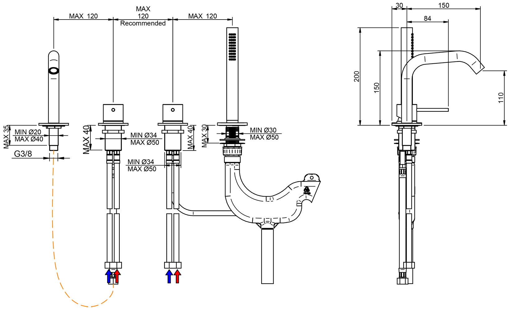 Rubinetterie Treemme 40MM Miscelatore Batteria Appoggio Bordo Vasca 4 Fori 2 Leve Con Doccetta In Acciaio Inox Estraibile Senza Piastra Stile Moderno Materiale Acciaio Finitura Acciaio Spazzolato Opaco Inox