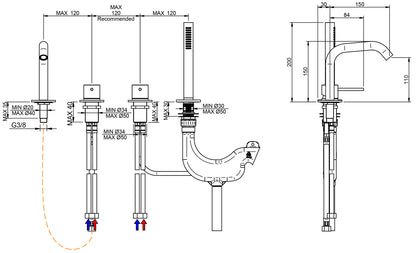 Rubinetterie Treemme 40MM Miscelatore Batteria Appoggio Bordo Vasca 4 Fori 2 Leve Con Doccetta In Acciaio Inox Estraibile Senza Piastra Stile Moderno Materiale Acciaio Finitura Acciaio Spazzolato Opaco Inox