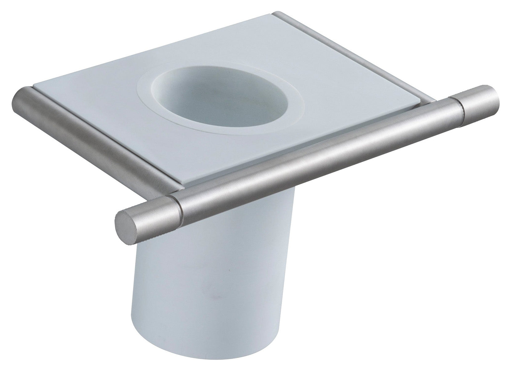 Rubinetterie Treemme 3M 40mm IT 4Z04 IS ZZ ZZ Portabicchiere Per Bagno Installazione A Parete Materiale Acciaio Finitura Inox Spazzolato Opaco Con Bicchiere e Piano In Pom C Bianco