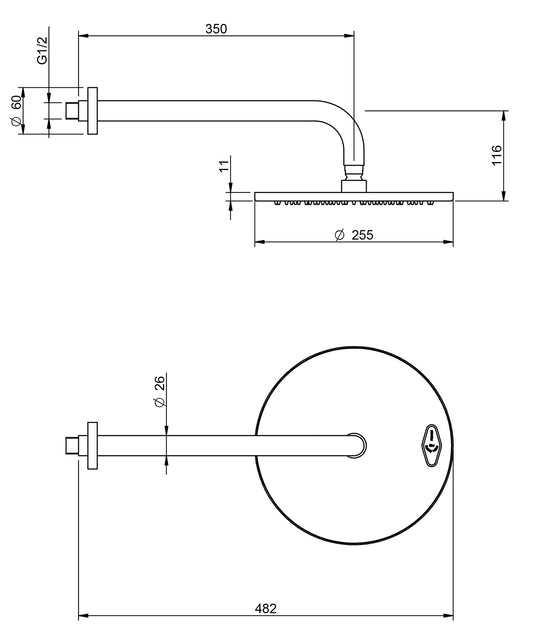 Rubinetterie Treemme 3M 40mm IT 6599 IS ZZ VS Soffione Doccia Pioggia A Parete Tondo In Metallo Diametro Ø 255 mm Anticalcare Con Braccio Doccia 350 mm Stile Moderno Acciaio Finitura Inox Spazzolato Opaco