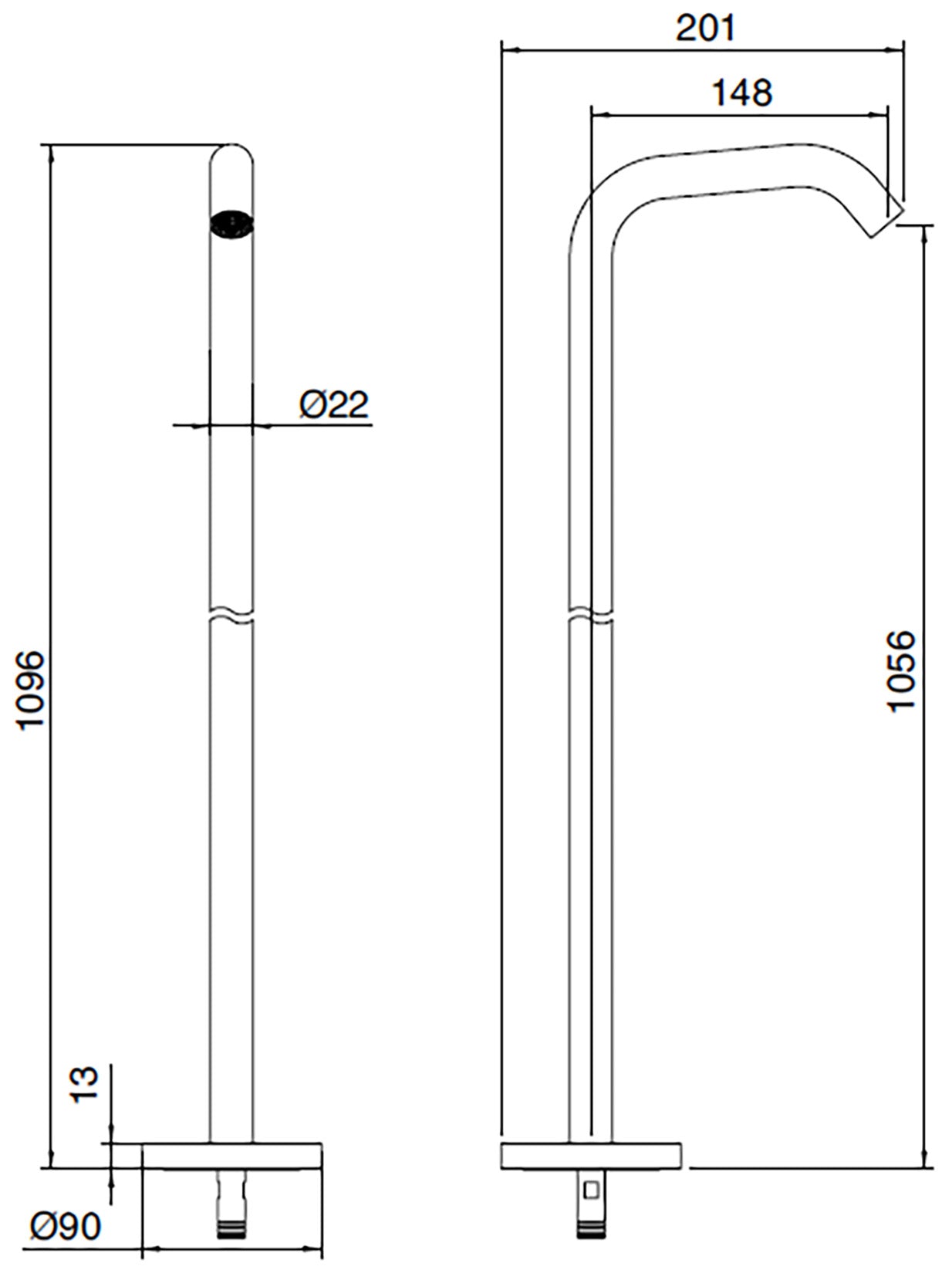 Rubinetterie Treemme 40MM Bocca Getto Erogazione Acqua Lavabo Da Pavimento 1056 mm Stile Moderno Materiale Acciaio Finitura Acciaio Spazzolato Opaco Inox Parte Interna Esterna Incluse