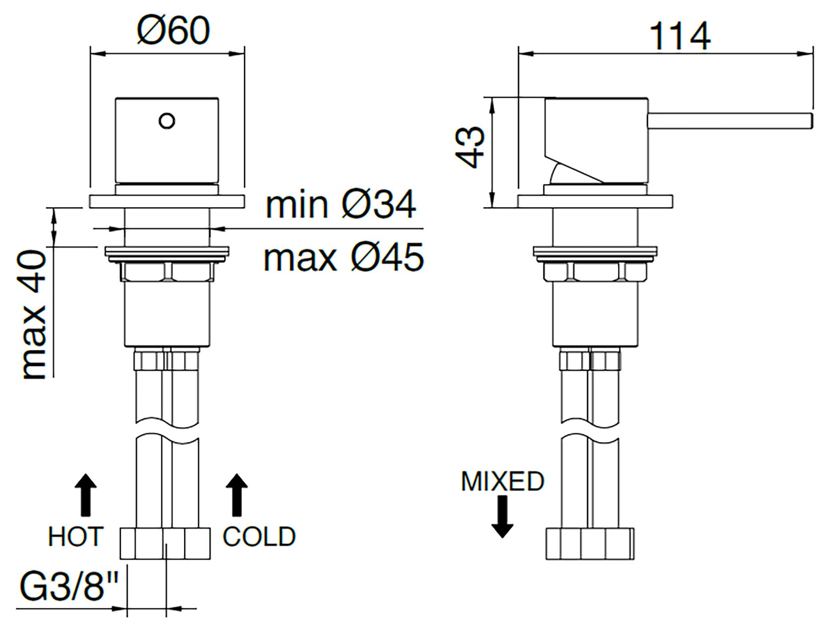 Rubinetterie Treemme 40MM Monocomando Monoforo Remoto Appoggio Da Piano Per Lavabo Senza Bocca 43 mm Stile Moderno Materiale Acciaio Finitura Acciaio Spazzolato Opaco Inox