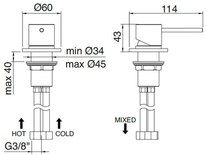 Rubinetterie Treemme 40MM Monocomando Monoforo Remoto Appoggio Da Piano Per Lavabo Senza Bocca 43 mm Stile Moderno Materiale Acciaio Finitura Acciaio Spazzolato Opaco Inox