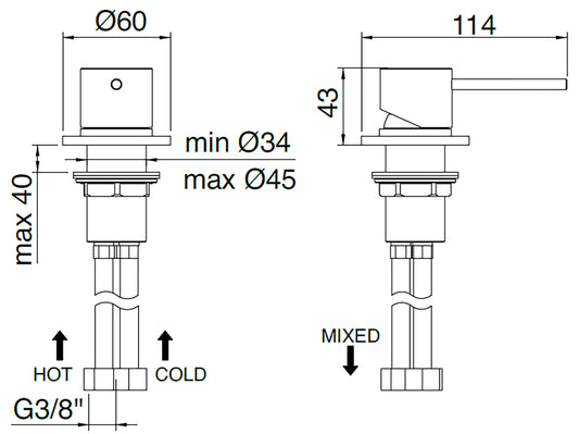 Rubinetterie Treemme 40MM Monocomando Monoforo Remoto Appoggio Da Piano Per Lavabo Senza Bocca 43 mm Stile Moderno Materiale Acciaio Finitura Acciaio Spazzolato Opaco Inox