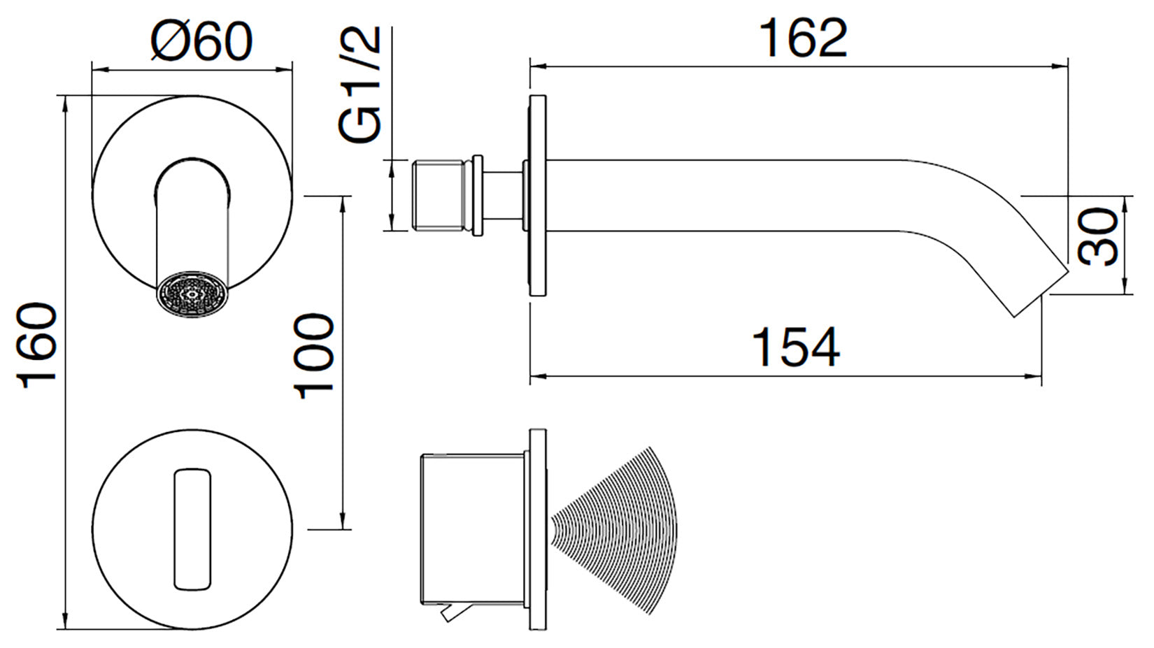 Rubinetterie Treemme 3M Electronic Washbasin Tap RWIT 1395 IS 02 + RWIT 1395 ZZ MX Rubinetto Elettronico Con Fotocellula Per Lavabo 154 Parete 2 Fori Batteria Miscelazione Termostatica Lunghezza 162 mm Parte Interna Esterna Incluse Acciaio Inox