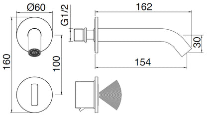 Rubinetterie Treemme 3M Electronic Washbasin Tap RWIT 1395 IS 02 + RWIT 1395 ZZ MX Rubinetto Elettronico Con Fotocellula Per Lavabo 154 Parete 2 Fori Batteria Miscelazione Termostatica Lunghezza 162 mm Parte Interna Esterna Incluse Acciaio Inox