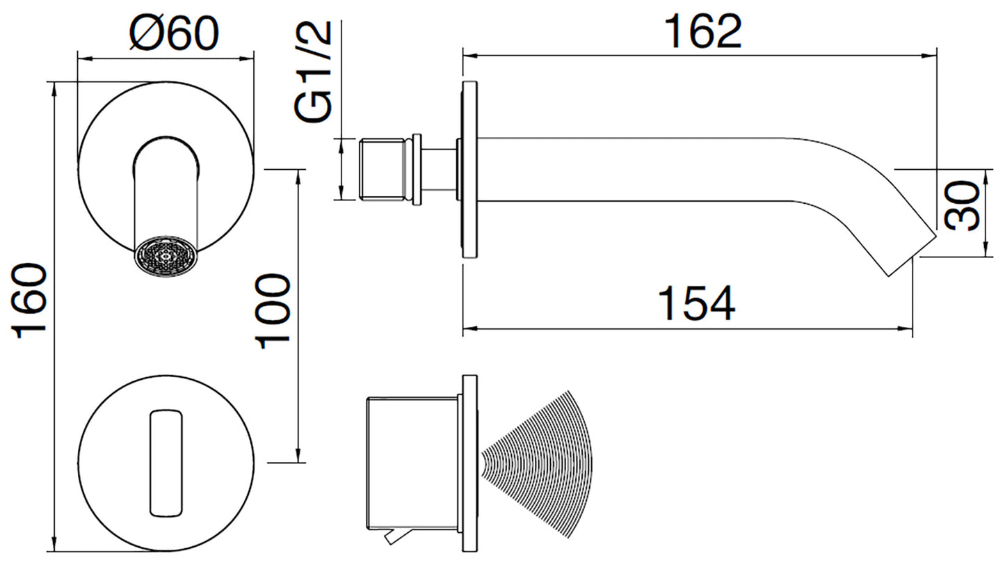 Rubinetterie Treemme 3M Electronic Washbasin Tap RWIT 1395 IS EL + RWIT 1395 ZZ 01 Rubinetto Elettronico Con Fotocellula Per Lavabo 154 Parete 2 Fori Elettrico Standard Solo Acqua Fredda Lunghezza 162 mm Parte Interna Esterna Incluse Acciaio Inox