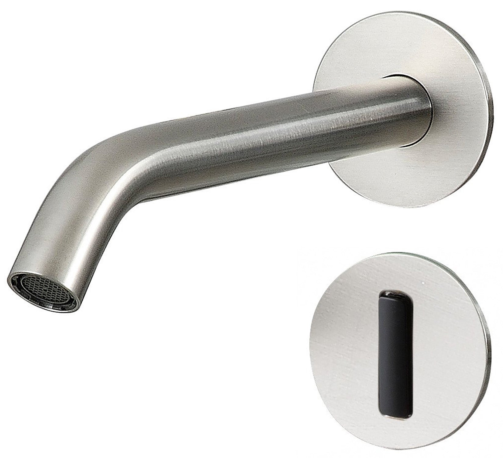 Rubinetterie Treemme 3M Electronic Washbasin Tap RWIT 1396 IS EL + RWIT 1395 ZZ 01 Rubinetto Elettronico Con Fotocellula Per Lavabo 204 Parete 2 Fori Elettrico Standard Solo Acqua Fredda Lunghezza 212 mm Parte Interna Esterna Incluse Acciaio Inox