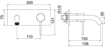 Rubinetterie Treemme 40MM Miscelatore Monocomando Lavabo Incasso A Muro 150 mm 2 Fori Con Piastra Stile Moderno Materiale Acciaio Finitura Acciaio Spazzolato Opaco Inox Parte Interna Esterna Incluse
