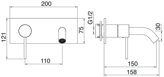 Rubinetterie Treemme 3M 40mm RWIT 13A7 IS 02 + RWIT 51A5 ZZ 01 Miscelatore Lavabo Incasso 150 Muro 1 Leva SX 2 Fori Meccanico Moderno Lunghezza 158 mm Piastra Orizzontale Staffa Cartongesso Acciaio Inox Spazzolato Opaco Parte Interna Esterna Incluse